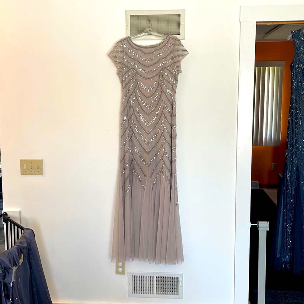 Adrianna Papell Silver Grey capped sleeve floor length dress
